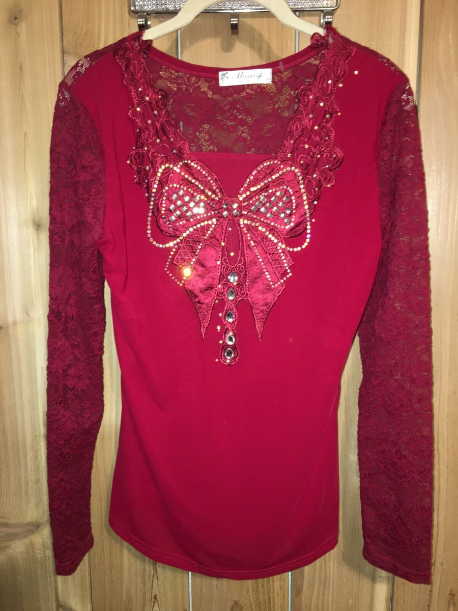 Missshop Womens Red Long Sleeve Top w Lace Bow & Rhinestones
