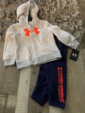 NEW Under Armour Infant Hoodie Jog Set, Full Zip Jacket, Pants Gray/Navy, 12 mo