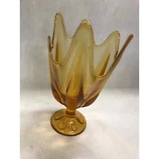 Vintage Amber glass compote ribbed wavy pedestal Mid Century Modern dish