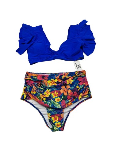 Sporlike Womens XL Ruffle Top High Waist Bikini Tropical Print Royal Blue