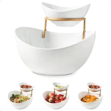 Chip and Dip Serving Set 2 Tiered Oval Dip Bowls with Metal Rack for Appetize...