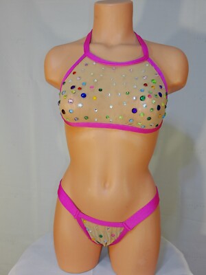 Exotic dancer stripper medium multicolor two piece bikini dance outfit-dancewear