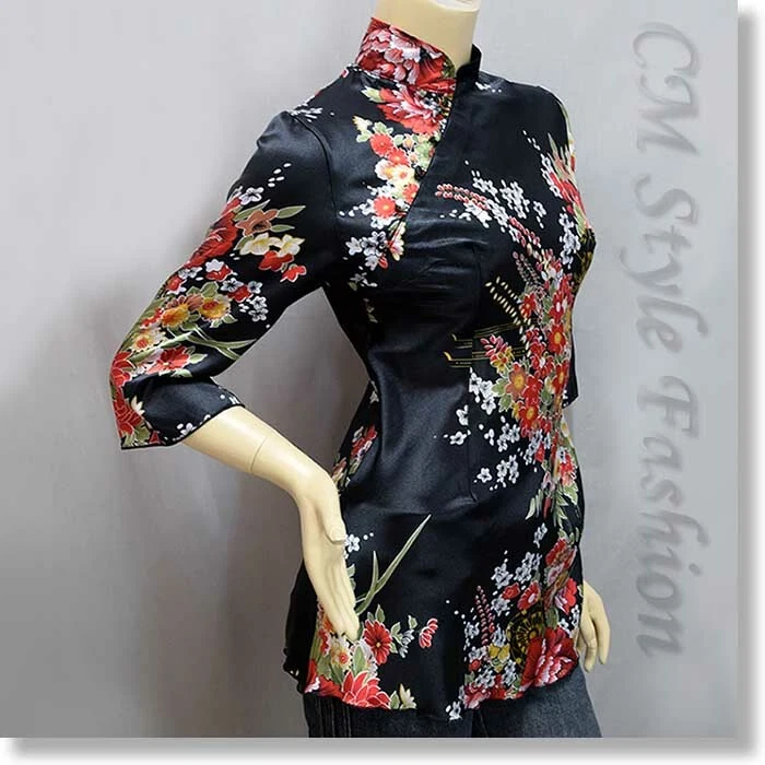 Túnica chinesa Cheongsam estilo Qipao floral cetim sedoso preta P/M/G/XL - Imagem 4 de 4