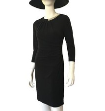 Tahari Size 4 Little Black Dress Formal Cocktail Rhinestones Ruched 3/4 Sleeve