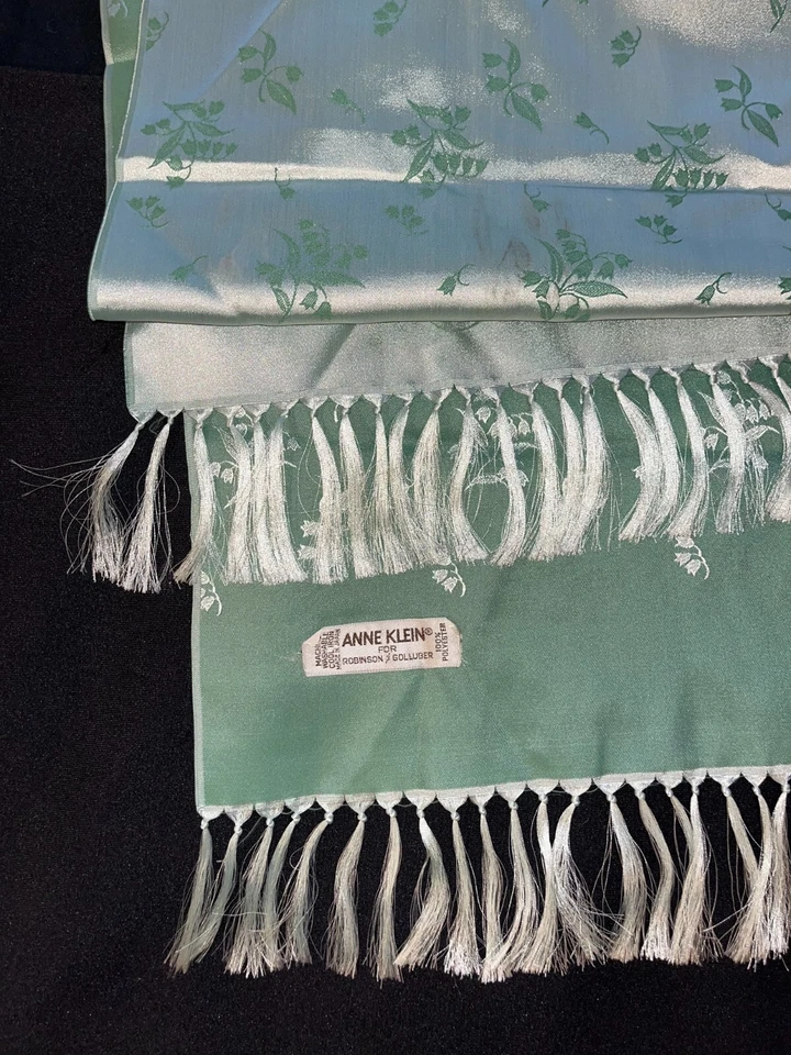 2 Vintage Scarves Anne Klein Robinson Golluber Faux Silk Green White Scarf - Image 3 of 4