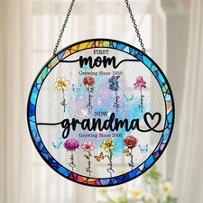 Personalized Birth Flower Stained Glass Suncatcher, Mothers Day Gift For Grandma