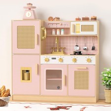 Babytronic Wooden Kitchen Playset for Kids - Pink Pretend Play Kitchen with L...