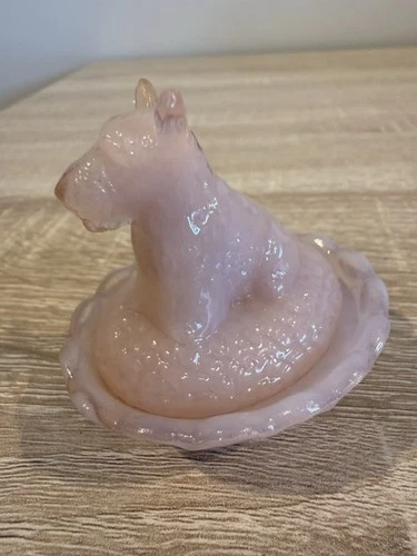 Vintage Pink Milk Glass Scottie Dog Covered Dish Trinket Box