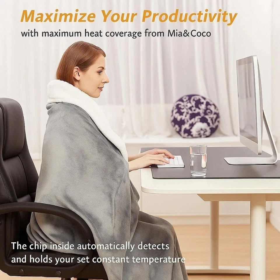 MIA&COCO Electric Heated Blanket Throw Flannel Sherpa Auto-Off 10 Heat Levels Control