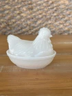 Vintage Hazel Atlas White Milk Glass Chicken Hen Nest Covered Dish Butter Dish