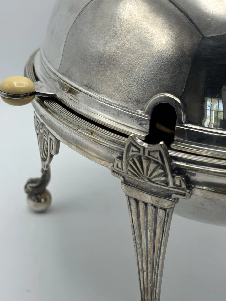 Antigua garra y pies de bola de servidor de desayuno con tapa enrollable soldada dura plateada Foto 4 de 4