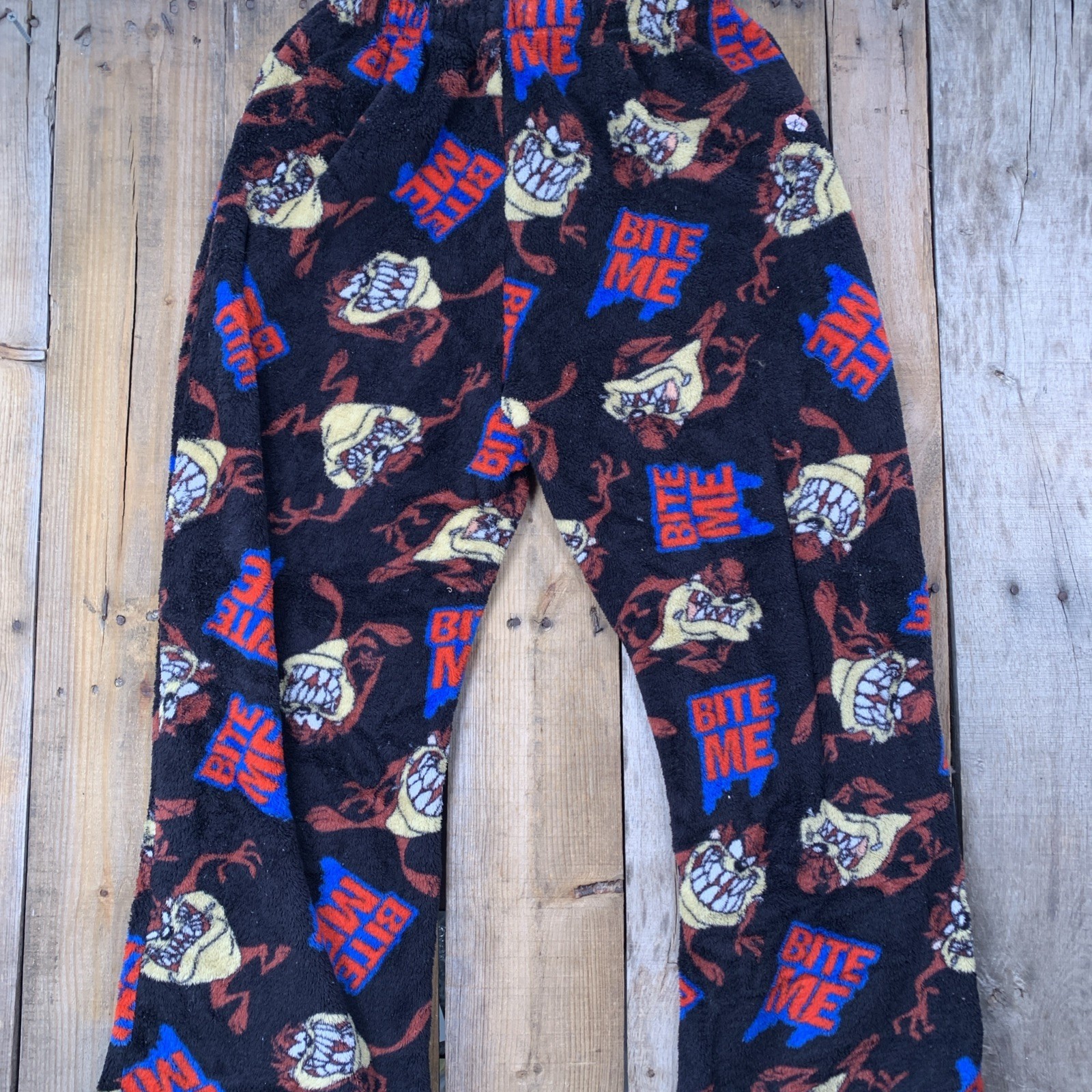 Looney Tunes Lounge Pants Women's S Black Taz "BITE ME" Fleece Pajama Bottoms image 3