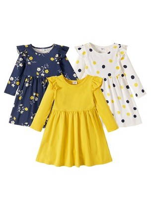 3-Packs Girl Floral and Polka Dots Long-Sleeve Dress Set 4-5 Years, White&Yel...