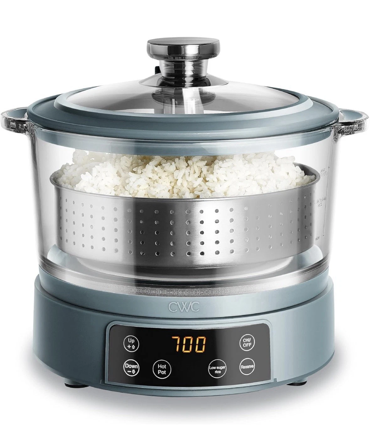COOK WITH COLOR 3L Glass Low Carb Rice Cooker Digital Panel Basket Slate Blue