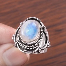 925 Sterling Silver Natural Rainbow Moonstone Gemstone Jewelry Ring All size US 