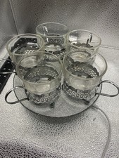 TURKISH GLASS TEA CUPS IN SILVER TONE METAL HOLDERS SET 5 UNUSED GIFT  DISPLAY