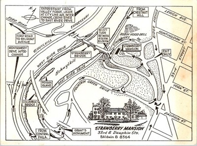 Strawberry Mansion Map 1940s 60s Philadelphia PA Hand Drawn Driving Directions
