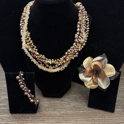 Beautiful 16  Necklace By Tanner 5 Strands  Chipped Beads A Vintage Rose Brooch
