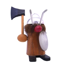 Vintage MCM wooden Viking red nose w/ axe kitschy metal helmet