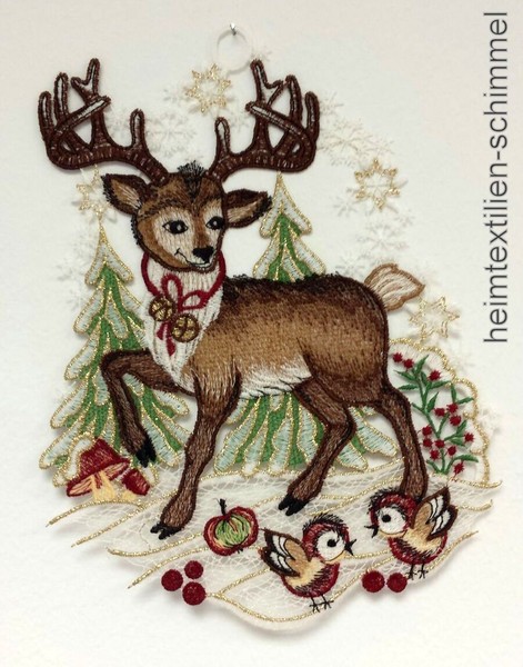 Plauener Spitze ® Fensterbild Weihnachten Winter Rentier Wald Elch Deko Hirsch-image