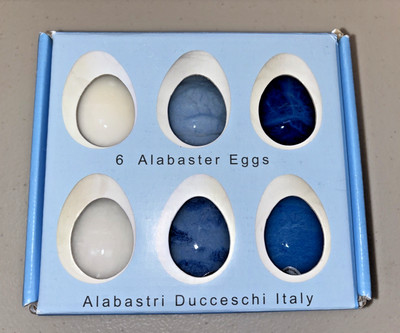 NIB SET 6 BRIGHT Ducceschi ALABASTER EASTER EGGS TUSCANY Italy Blue & White