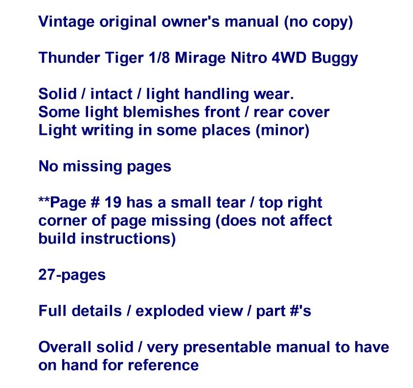 Buggy de carro de controle remoto vintage 1/8 Thunder Tiger Mirage manual original do proprietário 27 páginas - Imagem 2 de 2