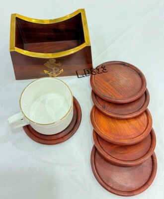 Brown Treasure Wooden Beautiful Tea Coaster Set of 6 Plate with Stand Dining Tab
