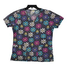 Minions Scrub Top Womans Size XS Gray Flowers Minions