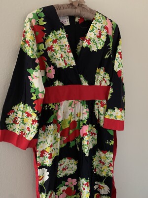 S Vintage Danville Loungewear Kimono Wrap Maxi House Dress 60s 70s Black Floral
