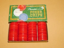 VINTAGE TOY 1963 PACIFIC GAME CO 100 PLEASANTIME DELUXE RED PLASTIC POKER CHIPS