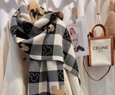 Disney Mouse plaid scarf NEW Soft flannel 1 size Blk/Tan