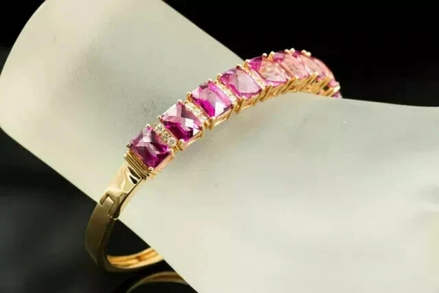 12Ct Emerald Cut Lab Created Ruby Women's Bangle Bracelet 14K Yellow Gold Plated - Image 4 of 4