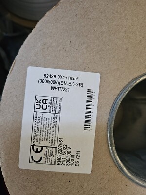 3x1mm + 1mm 6243B weiß dreiadrig und Massekabel - LS0H - 100m Rolle (BN-BK-GR)