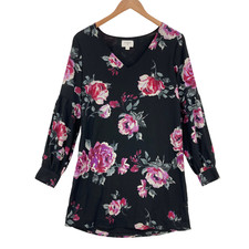 Everly Women's Black Floral V-Neck Long Cuff Sleeve A-Line Short Dress Small
