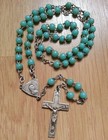 CHAPELET vintage PERLES BLEU VERT TURQUOISE croix vierge