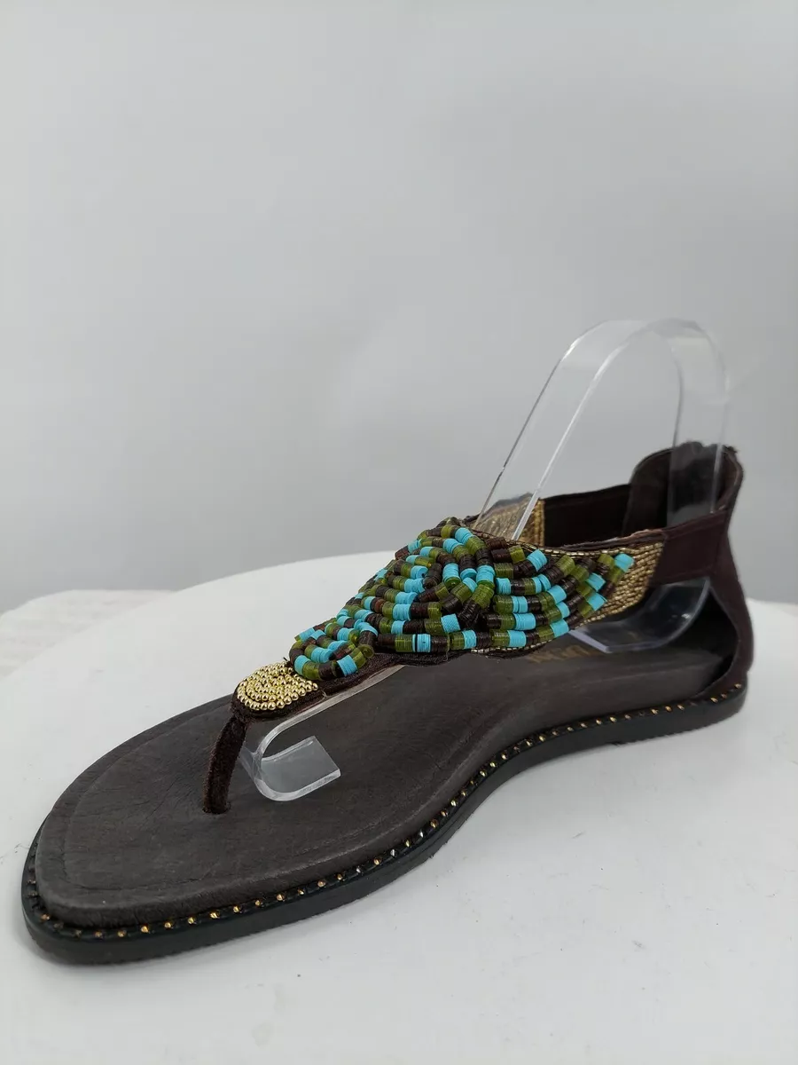 Alegria KON 201 Turquoise Beaded Brown Leather Women Flat Sandals EUR 39