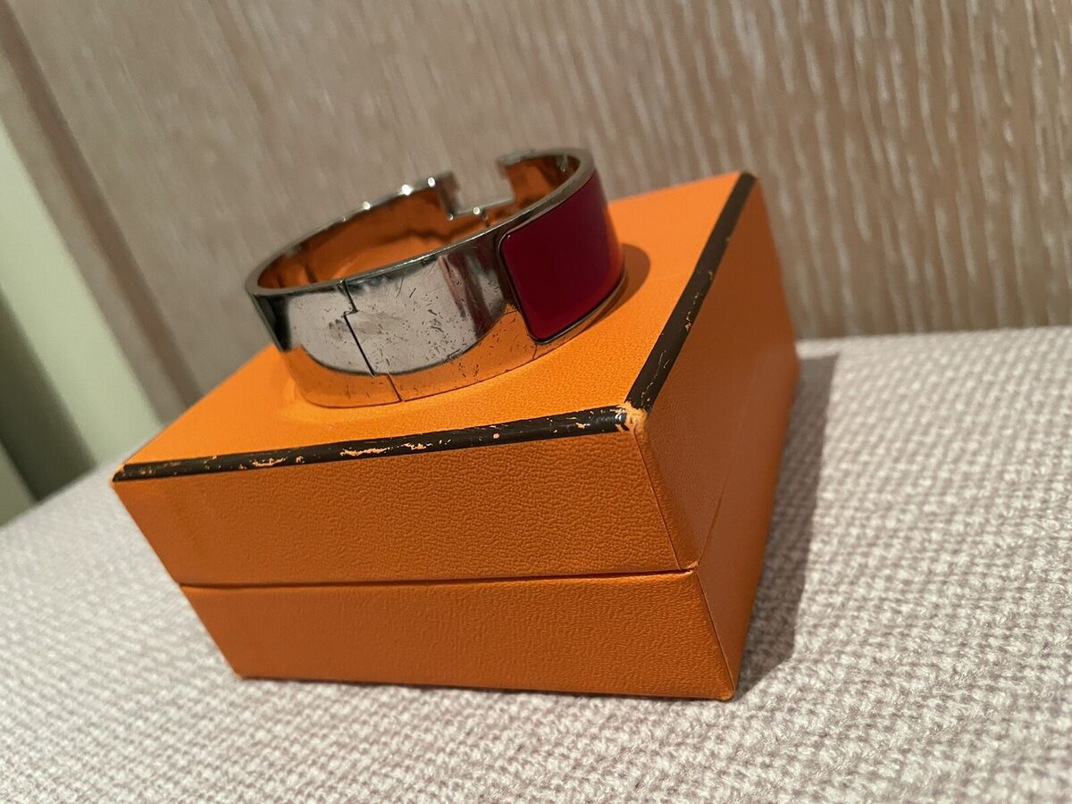 Auth HERMES Clic Clac H Bangle Bracelet Red/Silver Tone Auth HERMES Clic Clac H Bangle Bracelet Red/Silver Tone