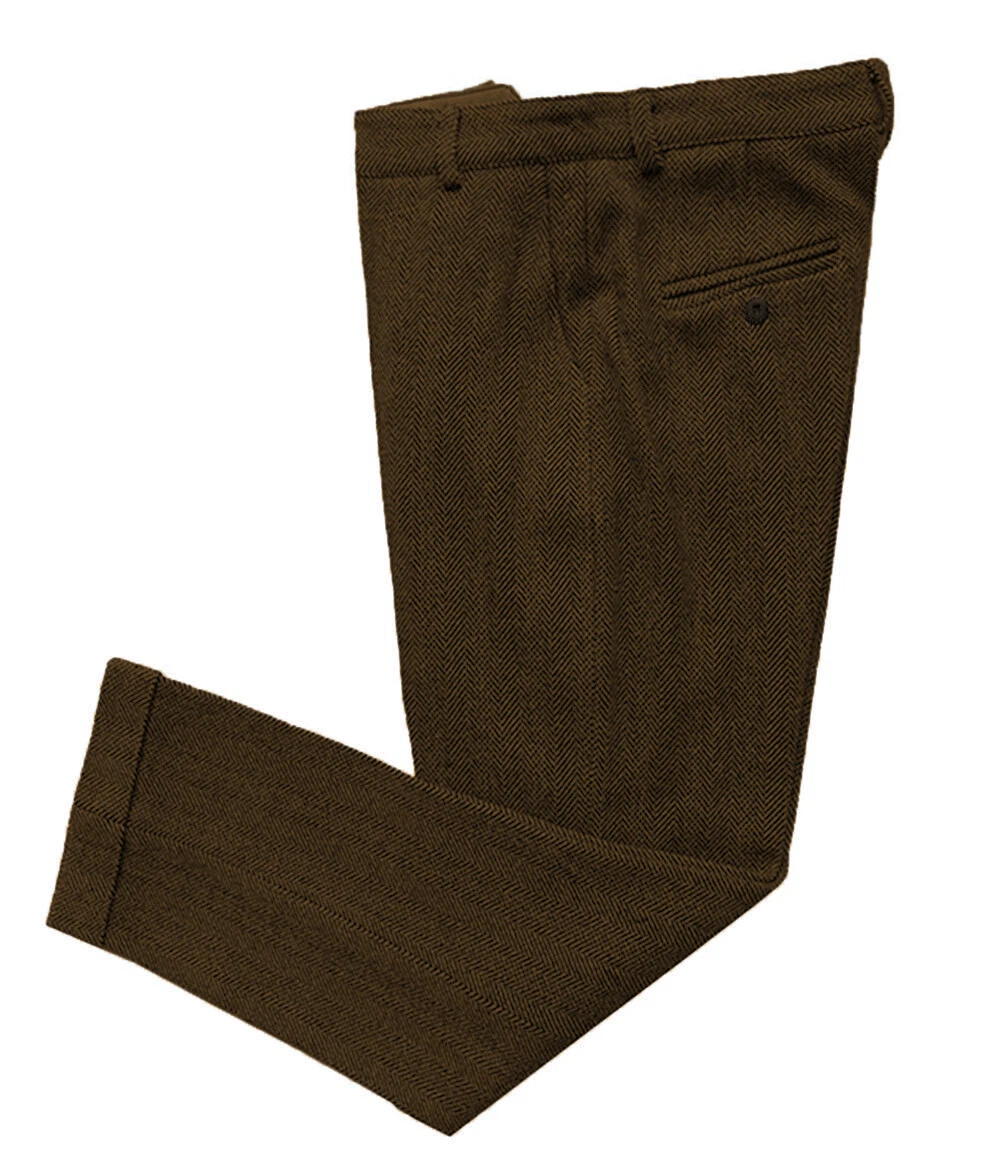 Mens Adjustable Suits Pants Tweed Trouser Thick Herringbone Flat Vintage Wedding