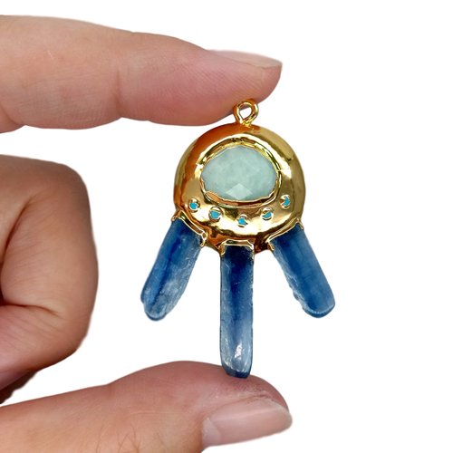 Natural Blue Kyanite Amazonite Gold Electroplated Pendant for jewelry making - Picture 4 of 9