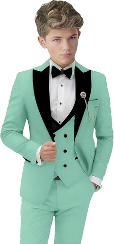 3 Pieces Formal Boys Slim Fit Peak Lapel Blazer Teenage Tuxedo Jacket Suit Set - Picture 27 of 32