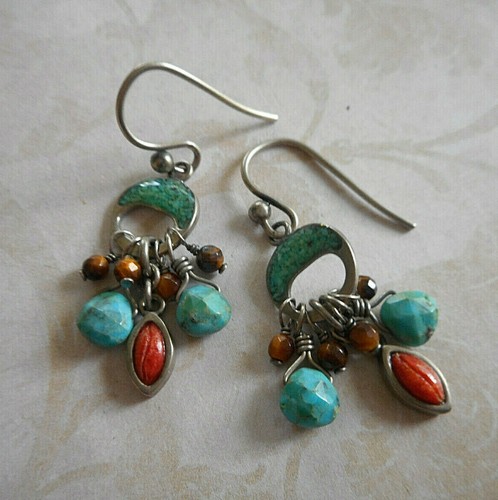 Silpada Oxidized Sterling Turquoise Tiger's Eye Coral Earrings W1523 18C191 - Picture 3 of 6
