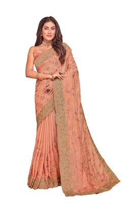 Designer Peach Resham Zari Embroidery Work Sari Crepe Silk Party Wear Saree