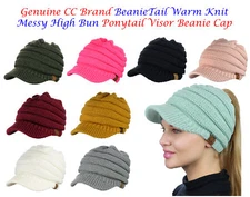 NEW! CC Beanie Tail Warm Knit Messy High Bun VISOR CC Ponytail Beanie Cap
