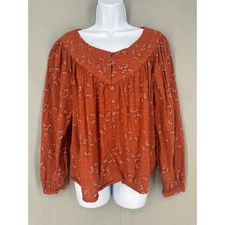 Ana Top Womens XL Orange Rust Floral Flowy Cottage Button Bohemian Long Sleeve