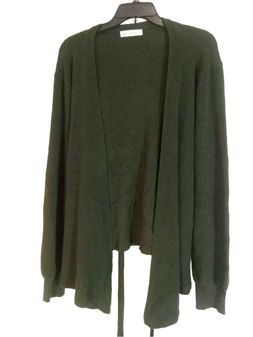 Grace Karin Open Cardigan Sweater Womens Size XL Green Basket Weave Belted