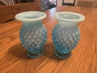 Pair Of Fenton Blue Opalescent Hobnail Mini Bud Vases 3.75” Set Of 2