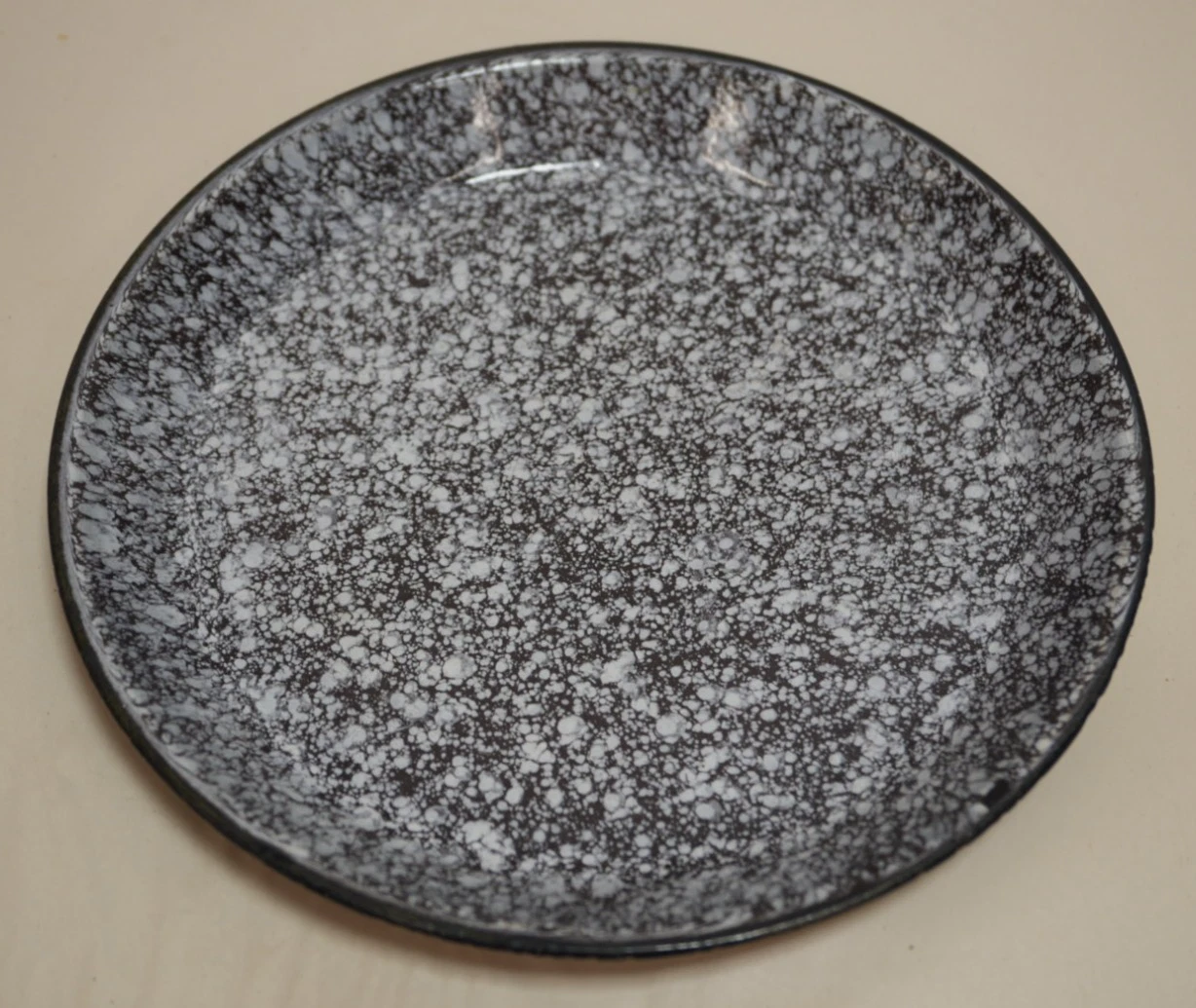 Medium 8.75" Black Graniteware Speckled Pie Plate Enamelware Spatterware Vintage