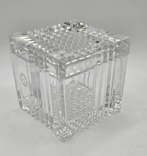VTG Ribbed Design Striped Crystal Cut Glass Trinket Square Box Cube Lid 3.25"