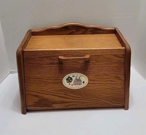Vintage Oak Wood Bread Box Country House Trees Tile Insert Cottage Granny Farm 