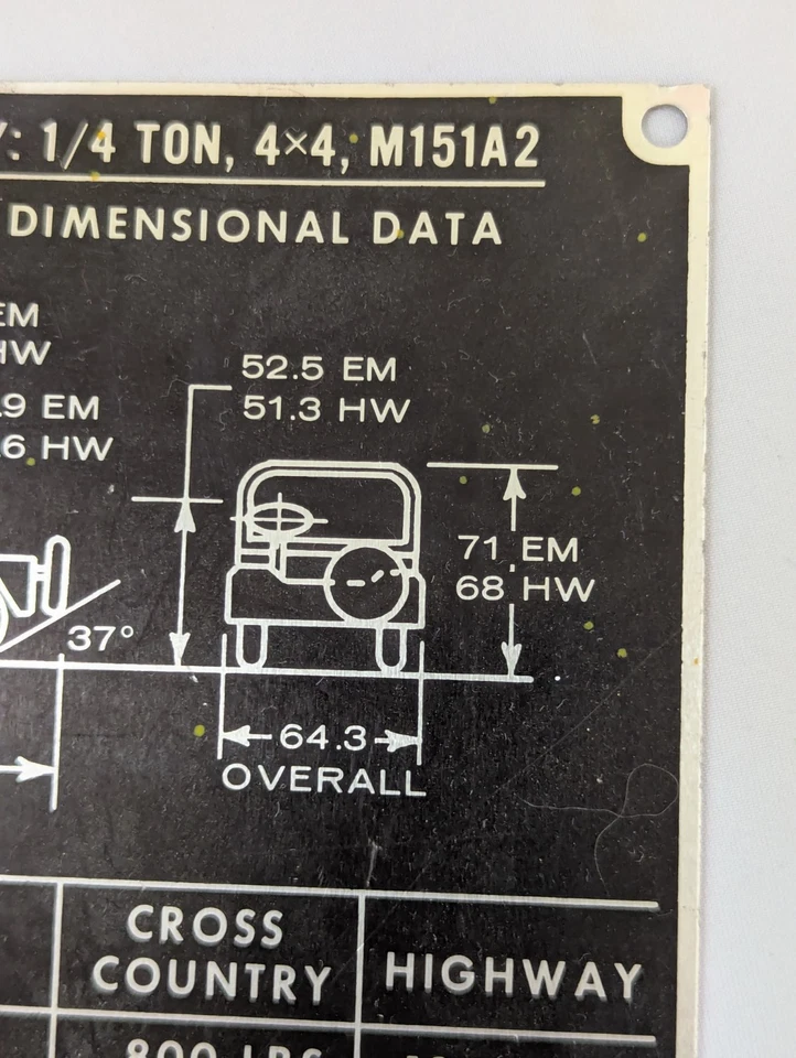 Placa de datos Ford Mutt M151 A2 dimensional, servicio y placa de peso Foto 4 de 4
